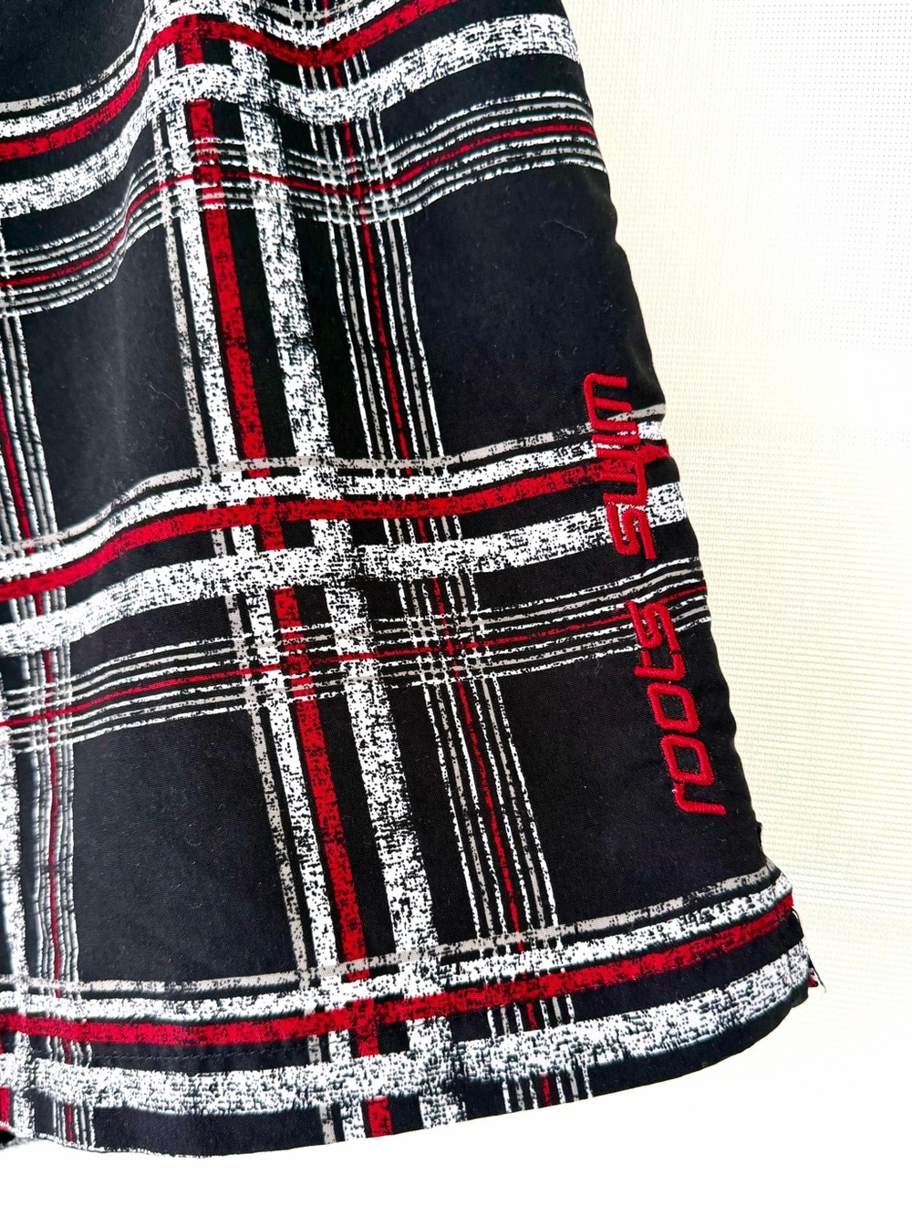 Roots Black Plaid Swim Shorts with Red and White Trim